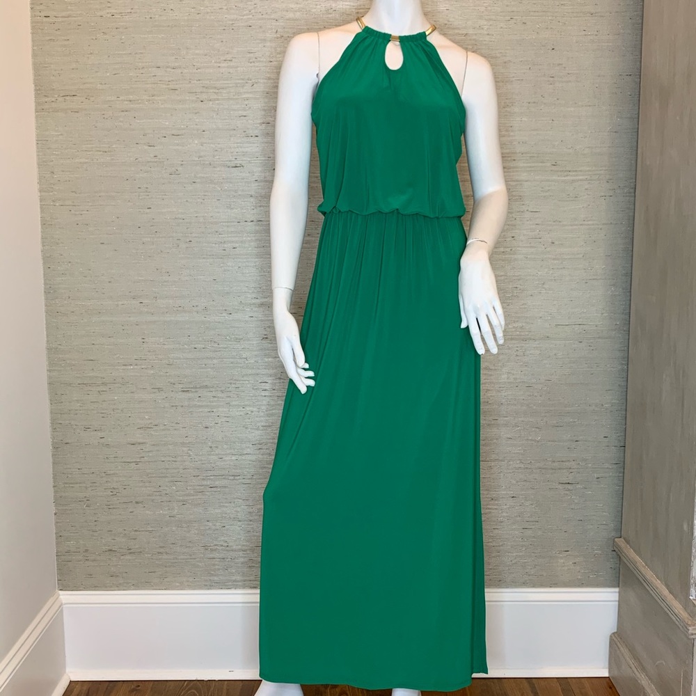 Green maxi dress/long dress with gold detail